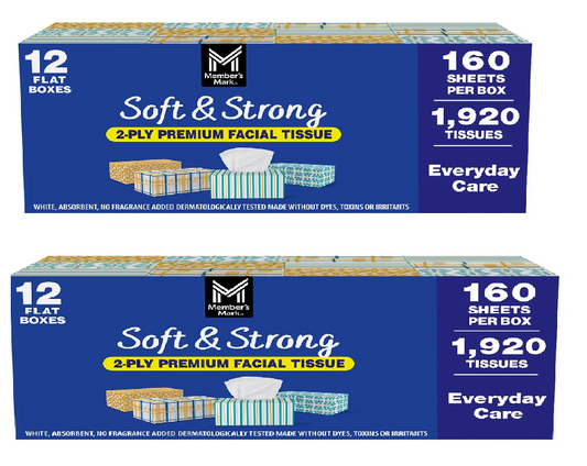 2 packMember’s Mark Soft & Strong 2-Ply Facial Tissues 12 Boxes 160 Ct Each Box.